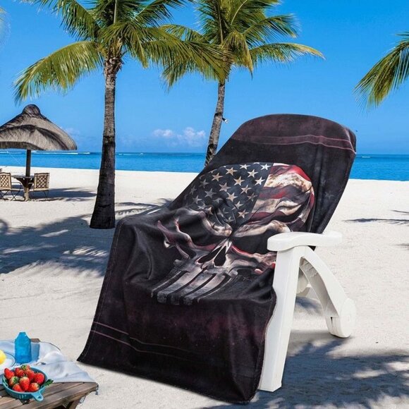 New Patriotic Skull Oversized US Flag Towel Beach Bath Pool Gift Cotton American - Picture 3 of 5